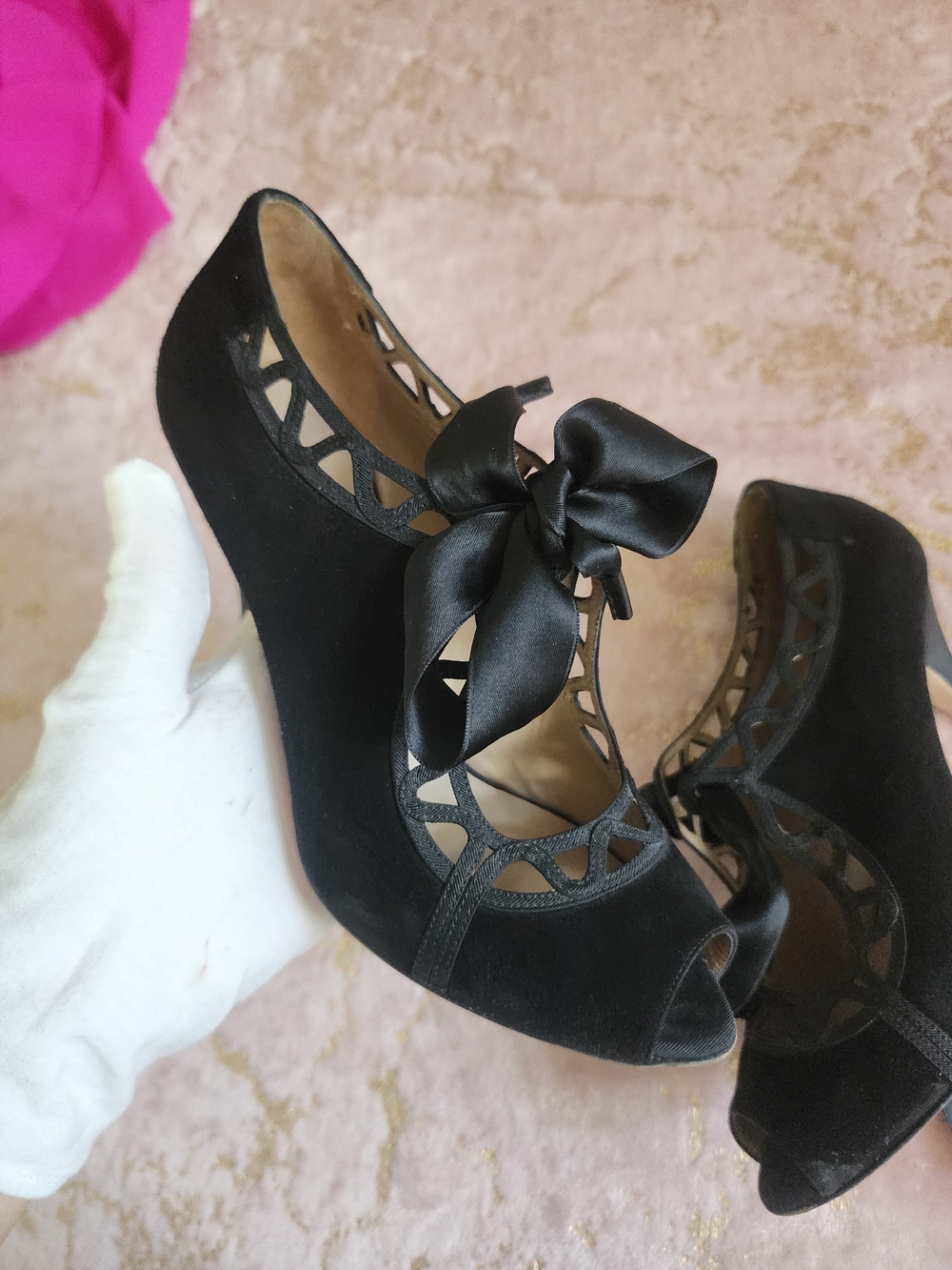 VALENTINO GARAVANI | Black Lace-Up Peep Toe Pumps - Picture 6 of 16